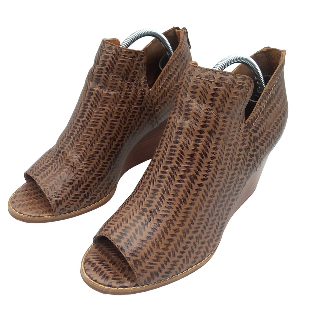 Mark Jenkins‎ Wedge Booties Peep Toe Brown Leather Zip Up Women's Size 10